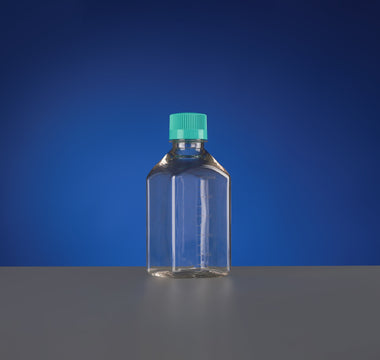 A square media bottle, commonly made of PETG. 
