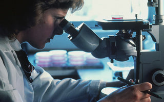 A lab technician counting particulates